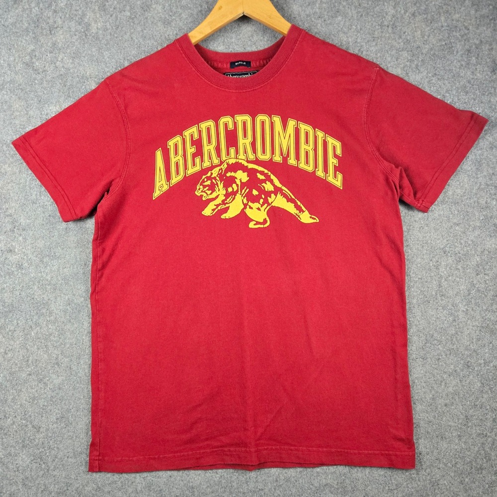 Abercrombie & Fitch T Shirt Mens Medium Red Yellow Flock Print Bear Logo Y2K
